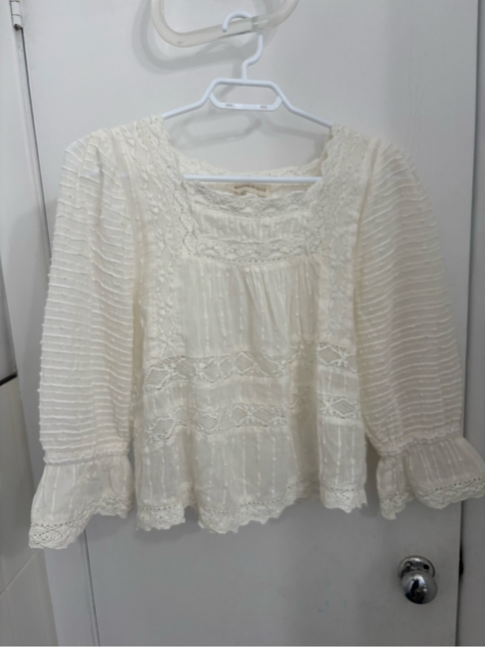 Ivory Lace-Panel Peasant Blouse with Ruffle Cuffs